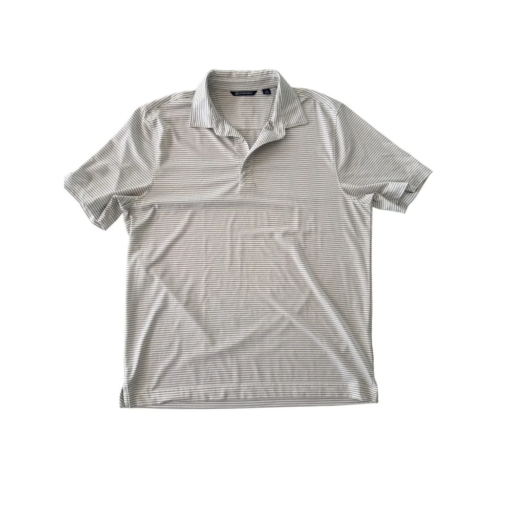 Cutter & Buck Mens Large White Navy Striped Short Sleeve Golf Polo Shirt Stretch